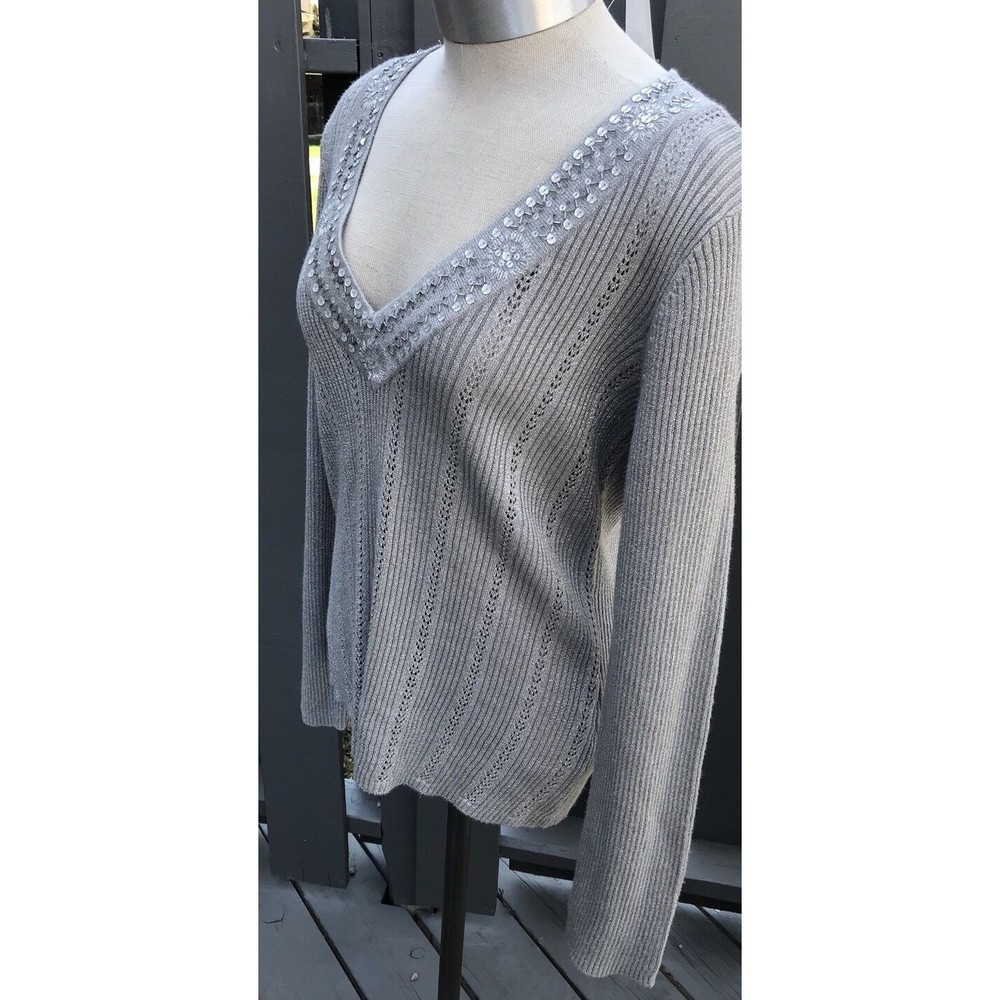 New York Company Ny & Co Metallic Sweater Gray Silver L large Sequin Knit V Neck